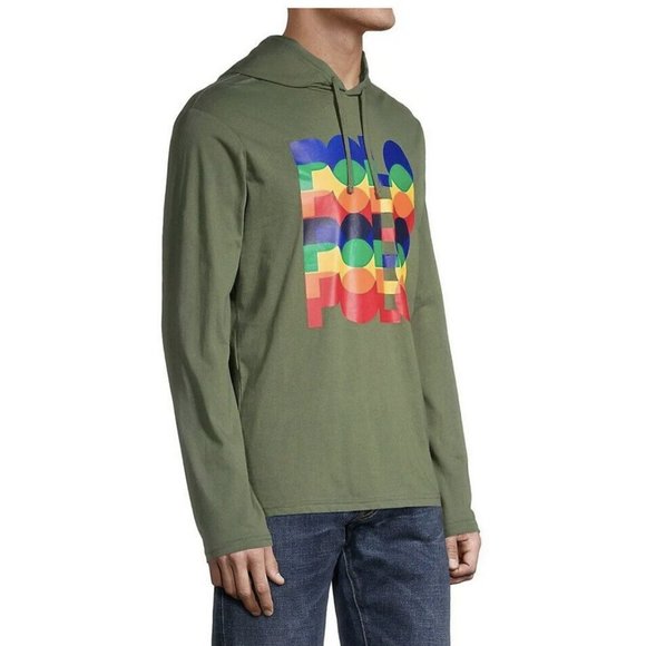 Polo Ralph Lauren Sz M Green Stacked Logo Graphic Print Hooded T-Shirt Hoodie - Picture 1 of 12